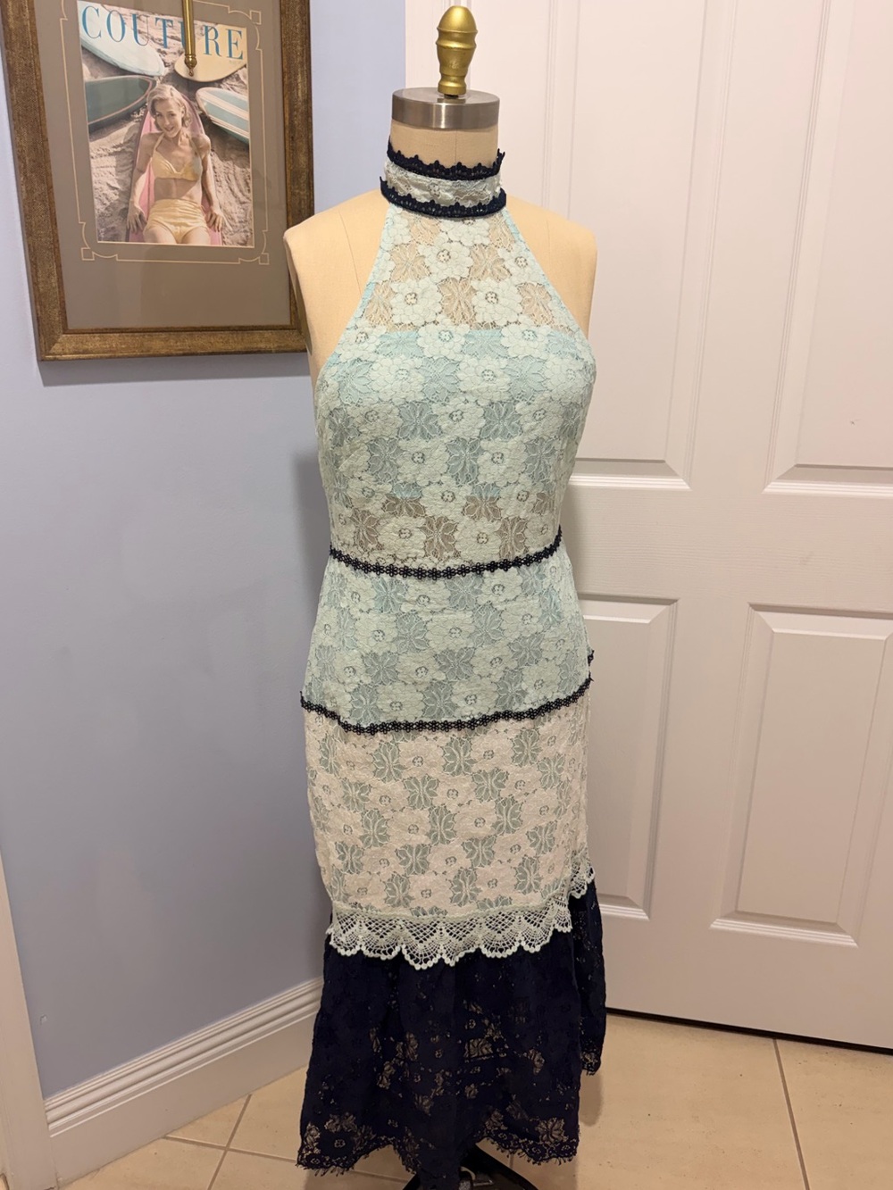 foxiedox Mint, Navy & White Lace Halter Midi Dress